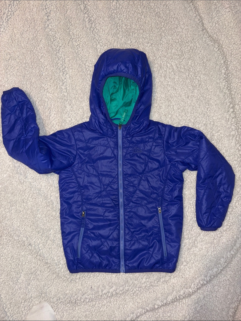 L.L. Bean Kids Puff-N-Stuff Jacket Little Girls' Puffer Blue with Teal Lining